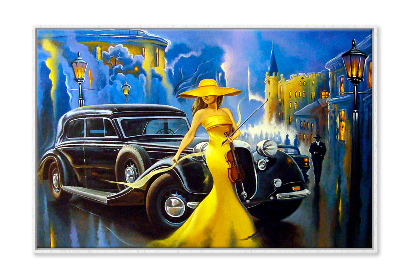 Car and Girl, Old City Oil Painting Wall Art Limited Edition High Quality Print Canvas Box Framed White