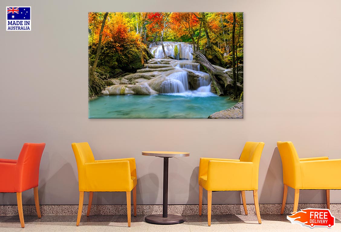 Waterfall In Autumn Forest Print 100% Australian Made