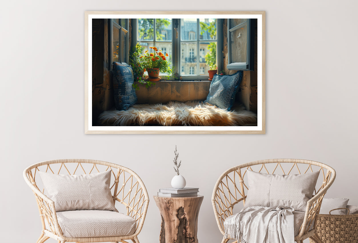 A Fluffy Pillow Resting On a Window Seat Home Decor Premium Quality Poster Print Choose Your Sizes