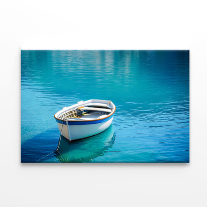 Small White Fishing Boat Floating Alone Print 100% Australian Made - Bella Home Decor