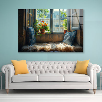 A Fluffy Pillow Resting On a Window Seat Acrylic Glass Print Tempered Glass Wall Art 100% Made in Australia Ready to Hang