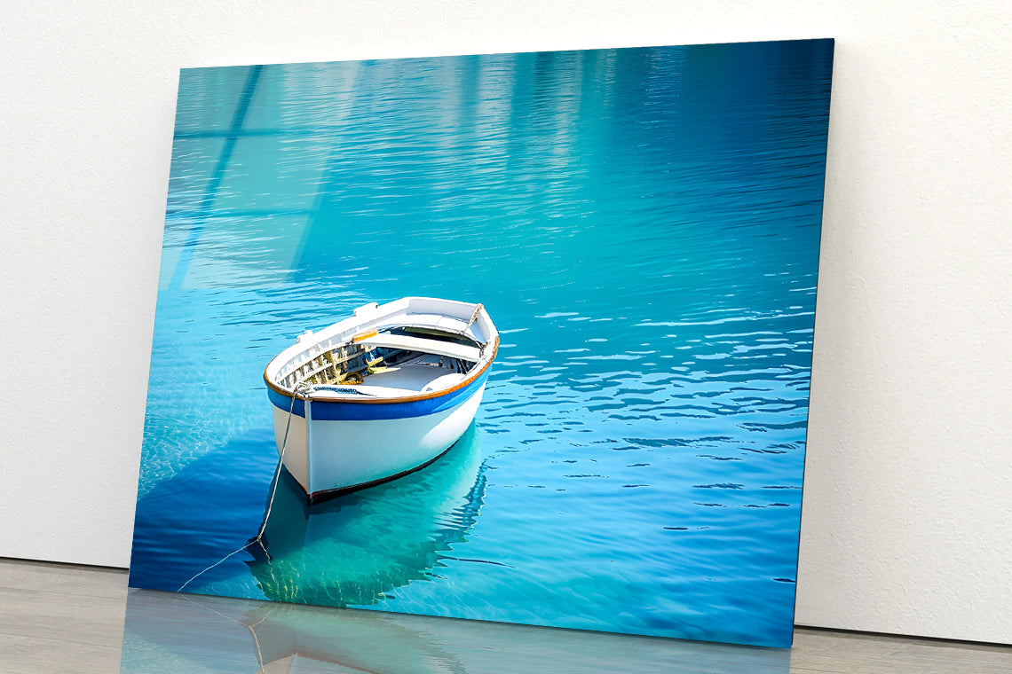 Small White Fishing Boat Floating Alone Acrylic Glass Print Tempered Glass Wall Art 100% Made in Australia Ready to Hang - Bella Home Decor