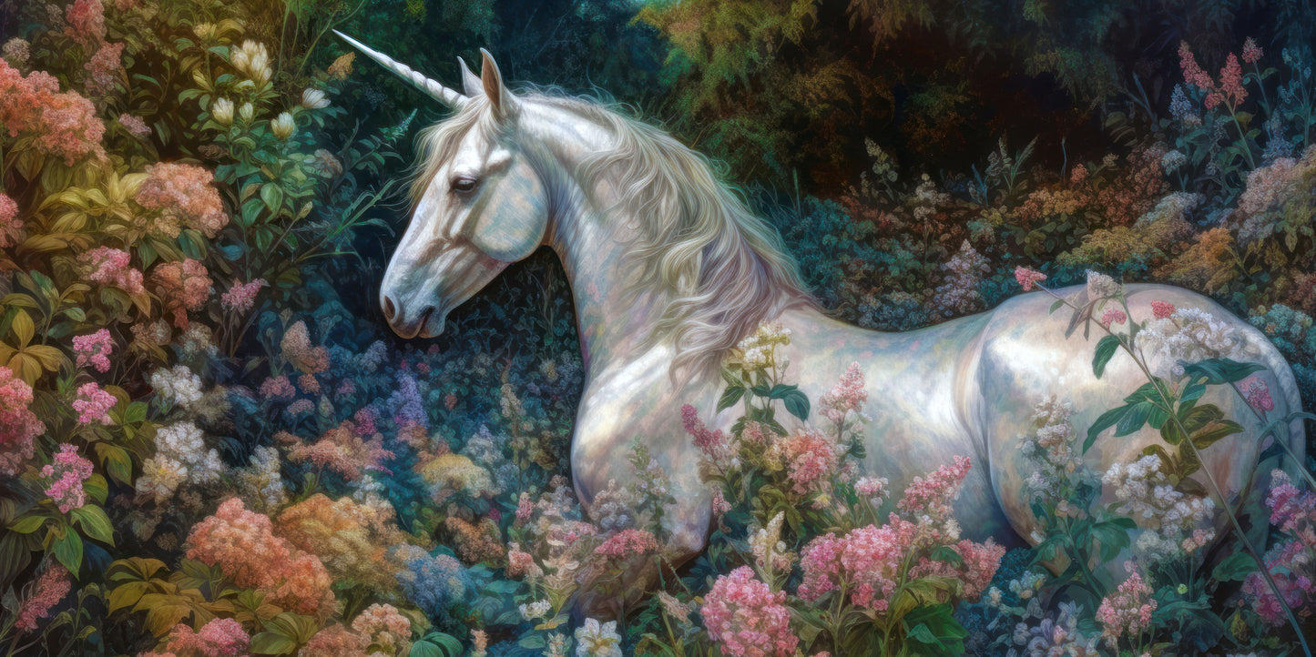 Magical White Unicorn Soft Blossom Forest Wall Art Canvas Office Home Framed 120x60cm