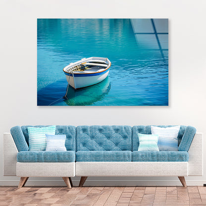 Small White Fishing Boat Floating Alone Acrylic Glass Print Tempered Glass Wall Art 100% Made in Australia Ready to Hang - Bella Home Decor