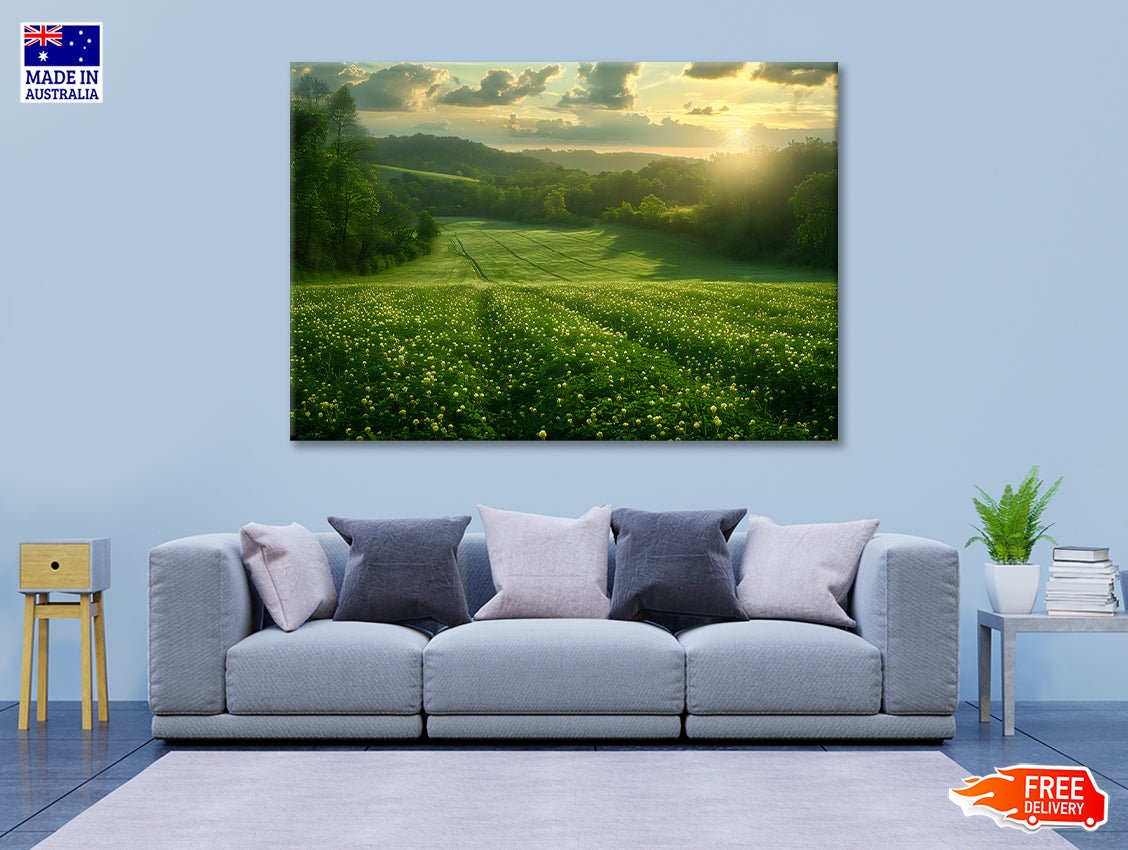 Green Field with Sun Rays Print 100% Australian Made - Bella Home Decor