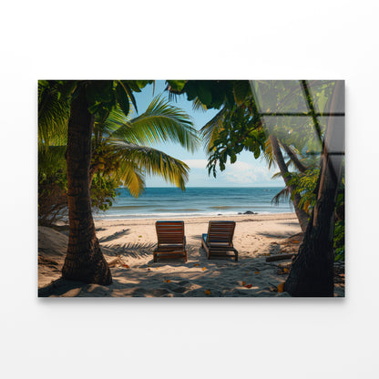 Coconut Trees and Beach Chairs Acrylic Glass Print Tempered Glass Wall Art 100% Made in Australia Ready to Hang - Bella Home Decor