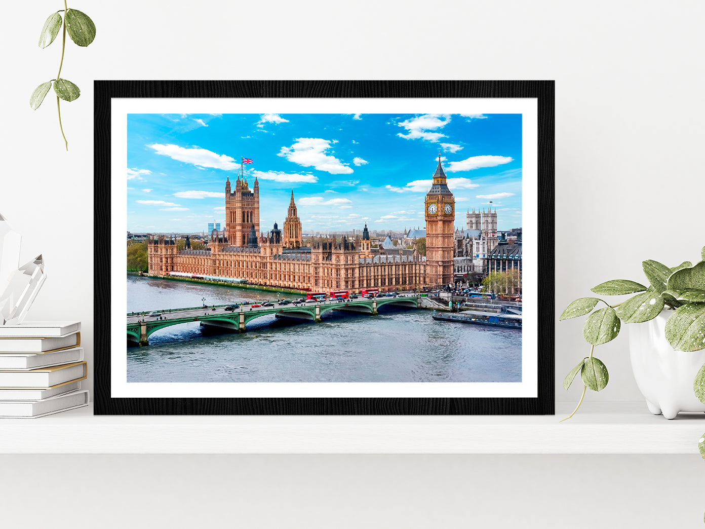 London Cityscape & Big Ben Tower Glass Framed Wall Art, Ready to Hang Quality Print With White Border Black