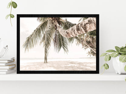 Sandy Seashore & Palm Trees Faded View Photograph Glass Framed Wall Art, Ready to Hang Quality Print Without White Border Black