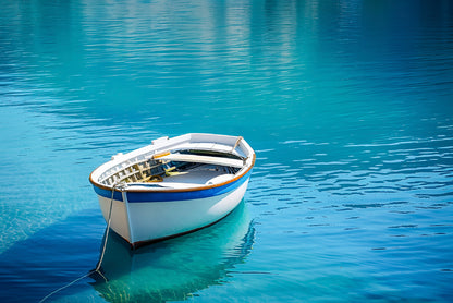 Small White Fishing Boat Floating Alone Print 100% Australian Made - Bella Home Decor