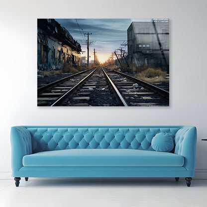 Train Tracks Running Next To a Building with Sunset Acrylic Glass Print Tempered Glass Wall Art 100% Made in Australia Ready to Hang