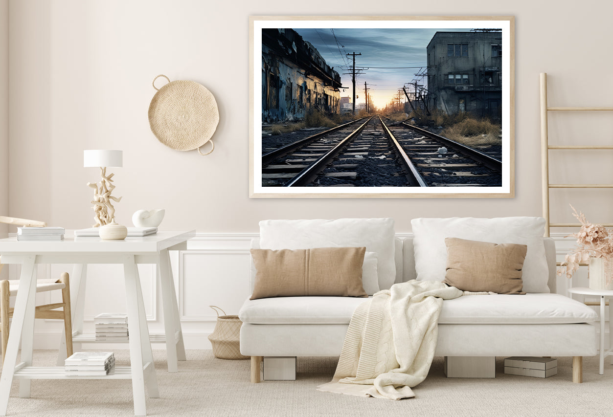 Train Tracks Running Next To a Building with Sunset Home Decor Premium Quality Poster Print Choose Your Sizes - Bella Home Decor