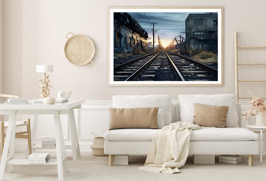 Train Tracks Running Next To a Building with Sunset Home Decor Premium Quality Poster Print Choose Your Sizes - Bella Home Decor