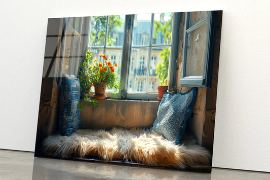 A Fluffy Pillow Resting On a Window Seat Acrylic Glass Print Tempered Glass Wall Art 100% Made in Australia Ready to Hang