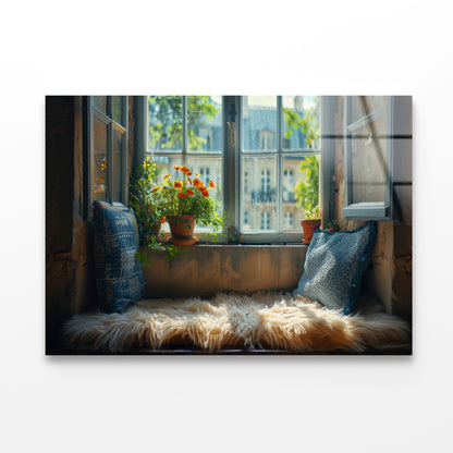 A Fluffy Pillow Resting On a Window Seat Acrylic Glass Print Tempered Glass Wall Art 100% Made in Australia Ready to Hang