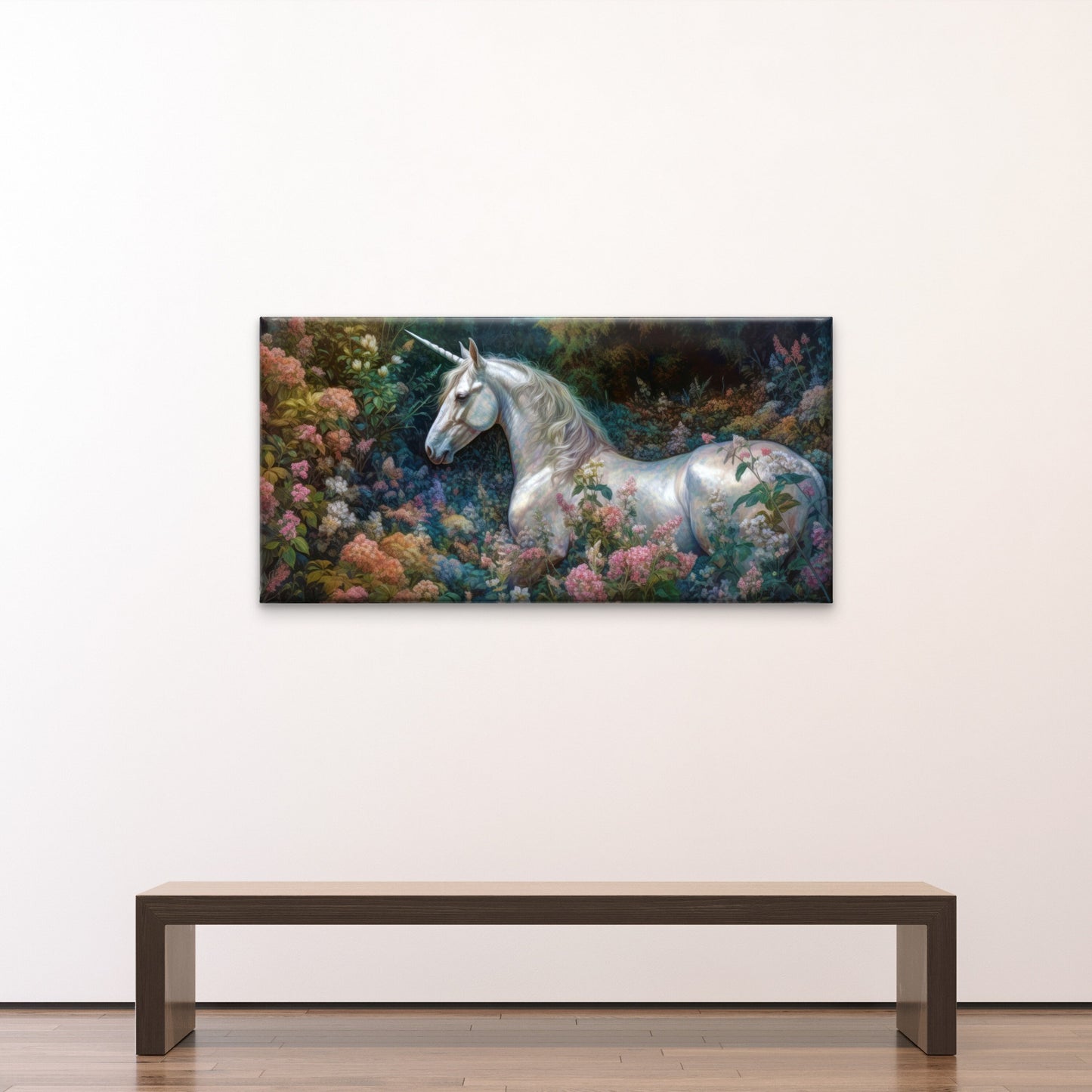 Magical White Unicorn Soft Blossom Forest Wall Art Canvas Office Home Framed 120x60cm