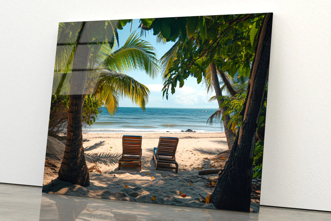 Coconut Trees and Beach Chairs Acrylic Glass Print Tempered Glass Wall Art 100% Made in Australia Ready to Hang - Bella Home Decor