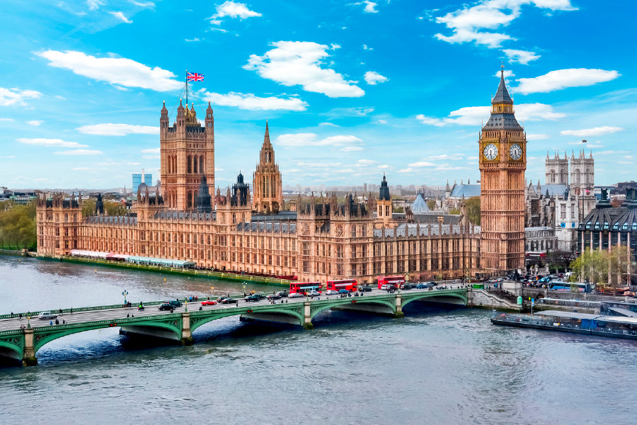 London Cityscape & Big Ben Tower Glass Framed Wall Art, Ready to Hang Quality Print