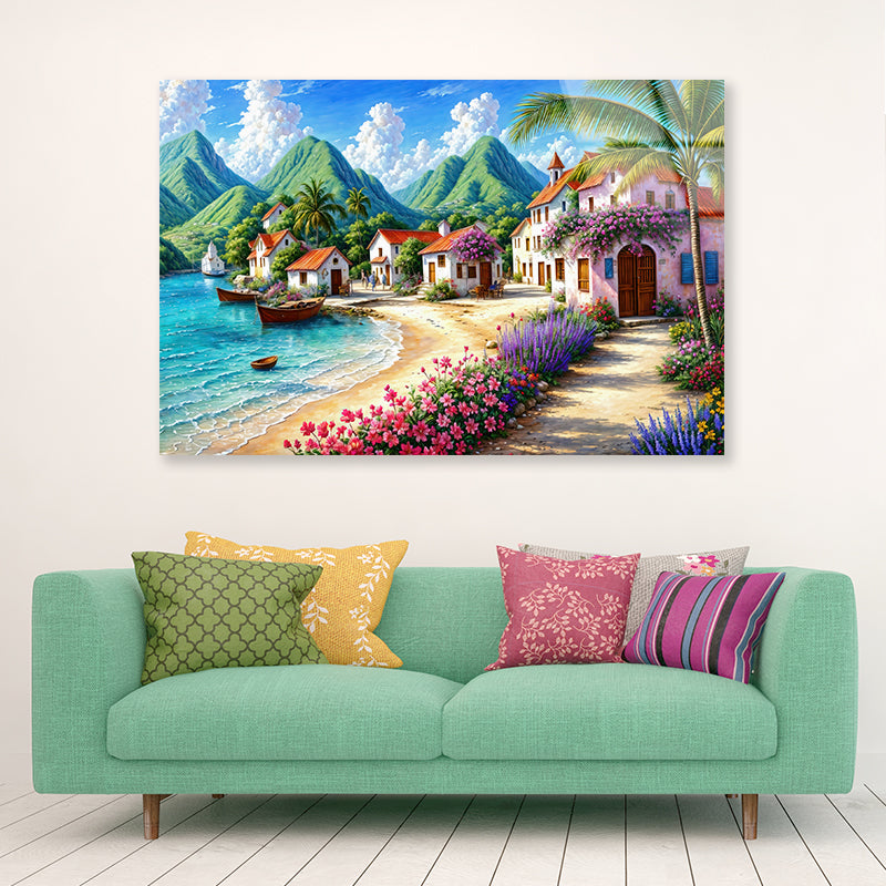 Painting Of a Village with Mountains, Houses, a Beach Acrylic Glass Print Tempered Glass Wall Art 100% Made in Australia Ready to Hang