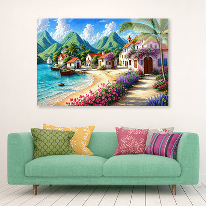 Painting Of a Village with Mountains, Houses, a Beach Acrylic Glass Print Tempered Glass Wall Art 100% Made in Australia Ready to Hang
