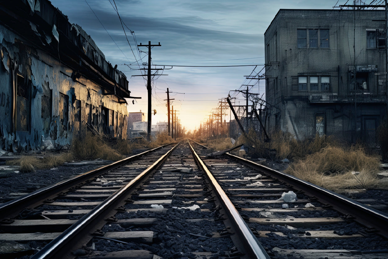 Train Tracks Running Next To a Building with Sunset Home Decor Premium Quality Poster Print Choose Your Sizes - Bella Home Decor