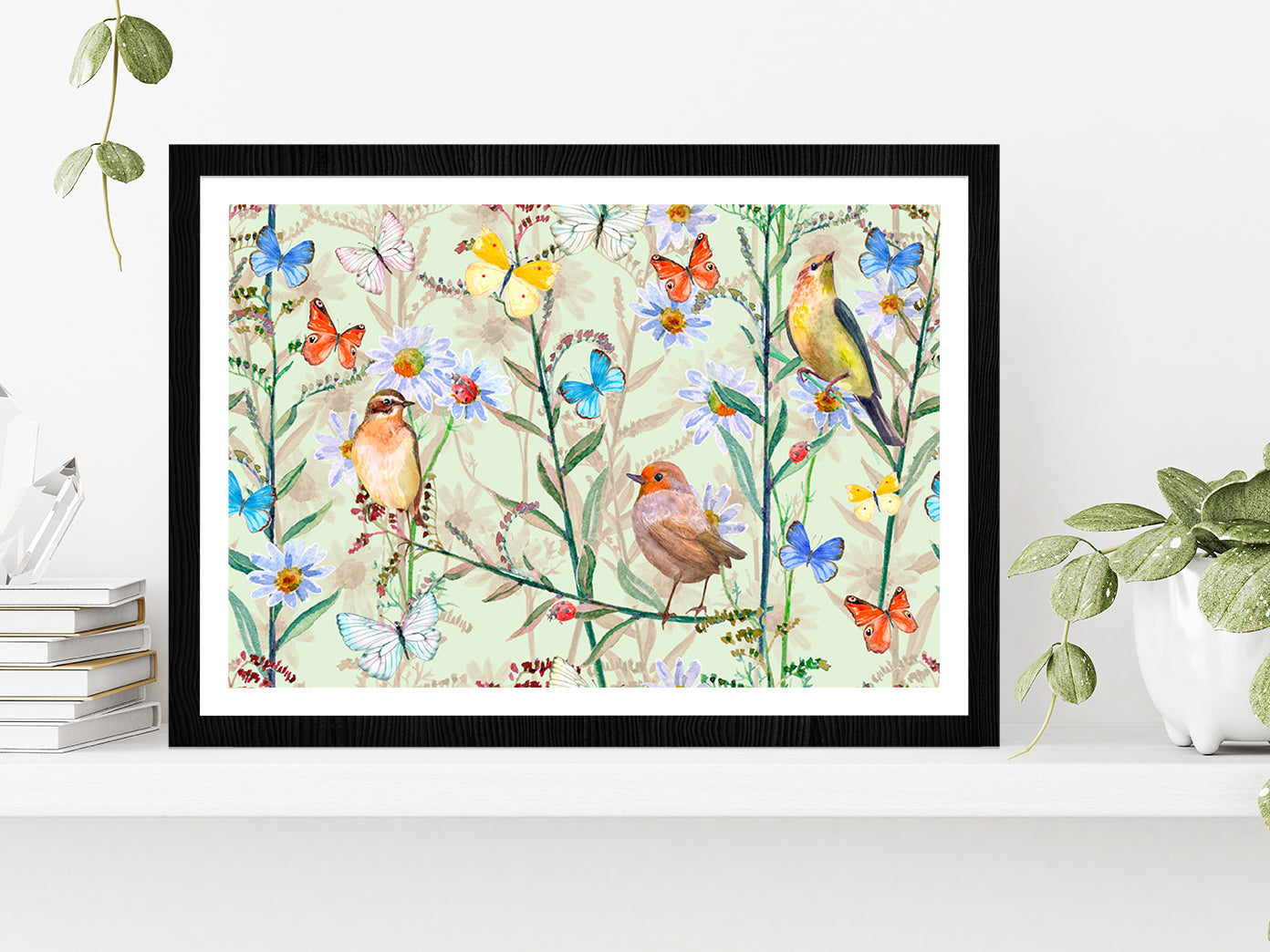 Birds & Butterflies Texture Glass Framed Wall Art, Ready to Hang Quality Print With White Border Black