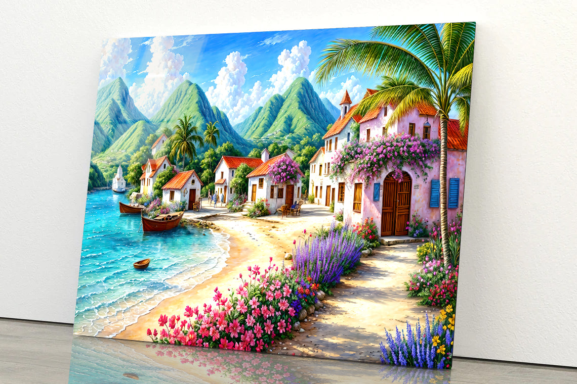 Painting Of a Village with Mountains, Houses, a Beach Acrylic Glass Print Tempered Glass Wall Art 100% Made in Australia Ready to Hang