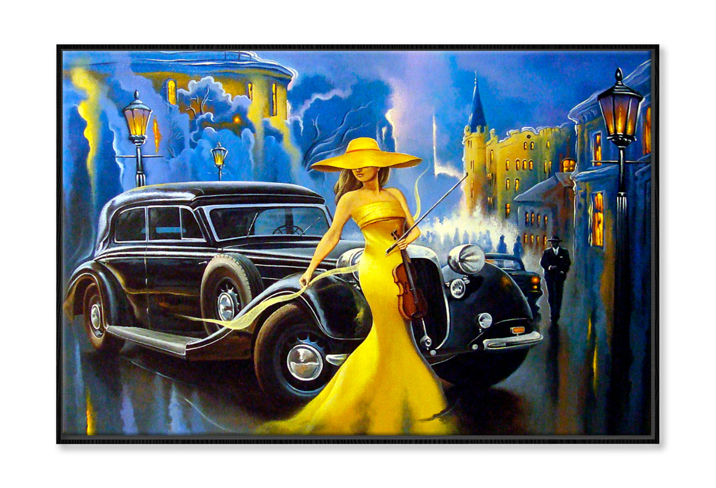 Car and Girl, Old City Oil Painting Wall Art Limited Edition High Quality Print Canvas Box Framed Black