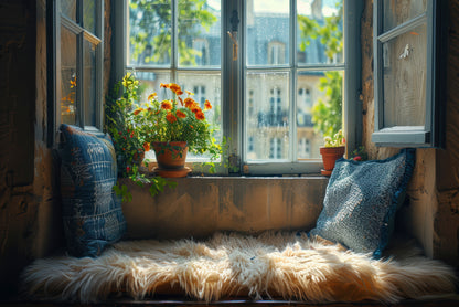 A Fluffy Pillow Resting On a Window Seat Print 100% Australian Made