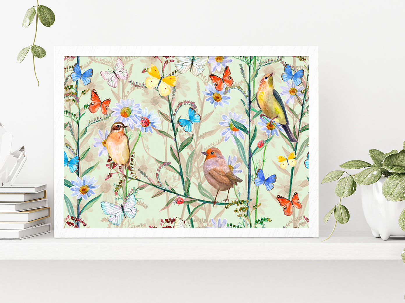 Birds & Butterflies Texture Glass Framed Wall Art, Ready to Hang Quality Print Without White Border White