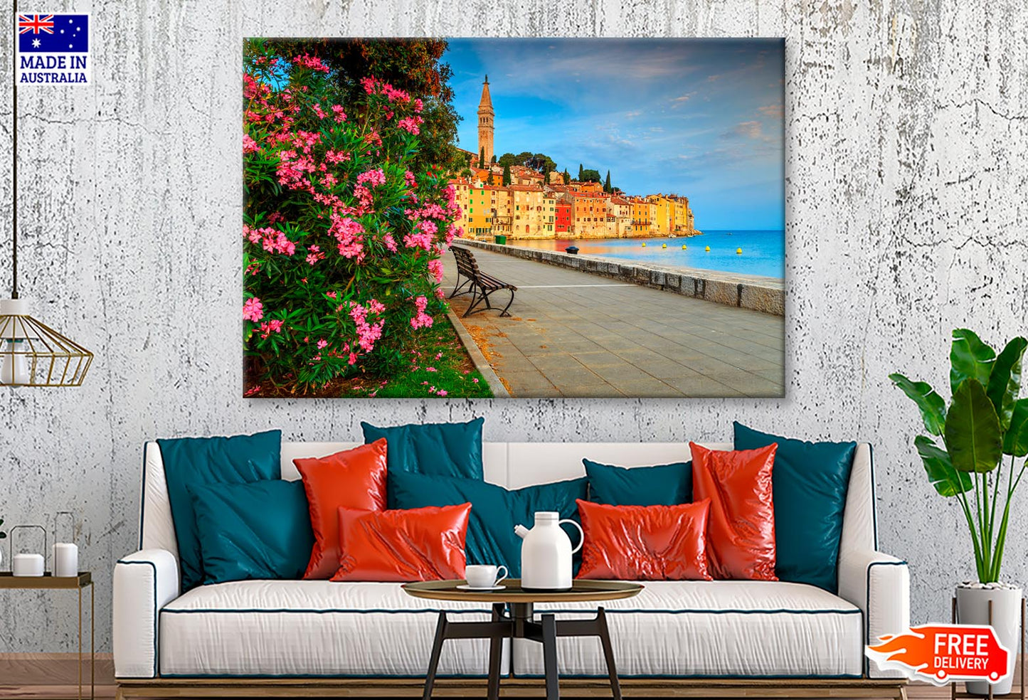 Old Town of Rovinj with Beautiful Pink Oleander Flowers  Wall Art Decor 100% Australian Made