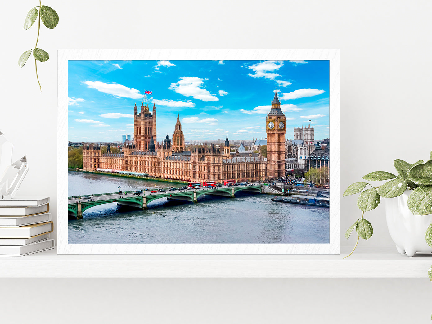 London Cityscape & Big Ben Tower Glass Framed Wall Art, Ready to Hang Quality Print Without White Border White