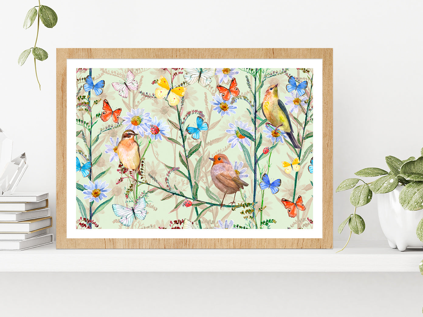 Birds & Butterflies Texture Glass Framed Wall Art, Ready to Hang Quality Print With White Border Oak