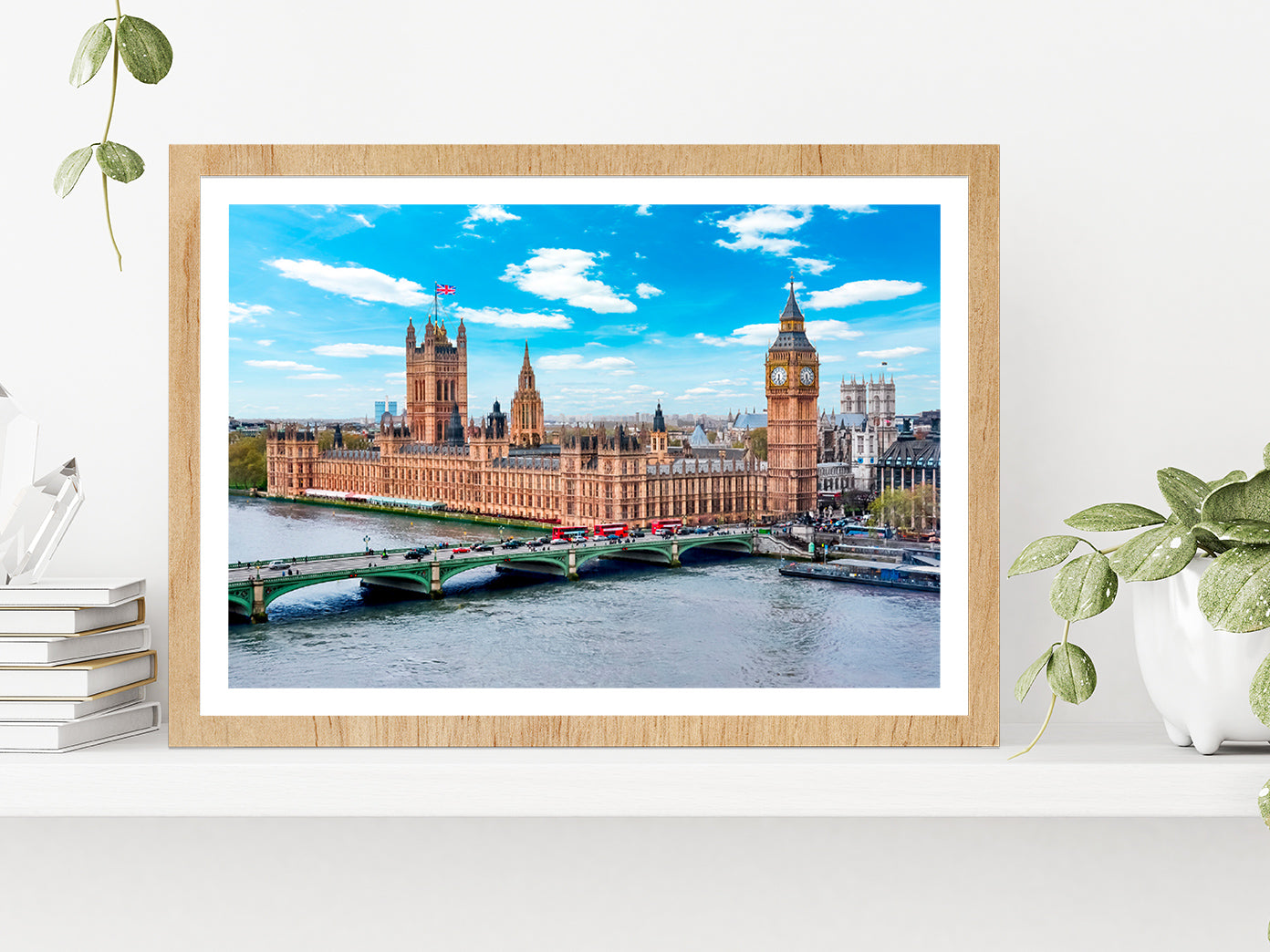 London Cityscape & Big Ben Tower Glass Framed Wall Art, Ready to Hang Quality Print With White Border Oak