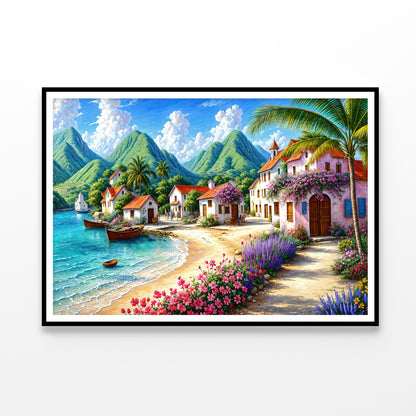 Painting Of a Village with Mountains, Houses, a Beach Home Decor Premium Quality Poster Print Choose Your Sizes