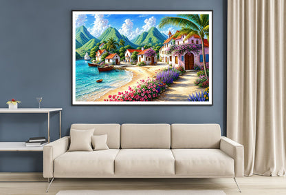 Painting Of a Village with Mountains, Houses, a Beach Home Decor Premium Quality Poster Print Choose Your Sizes