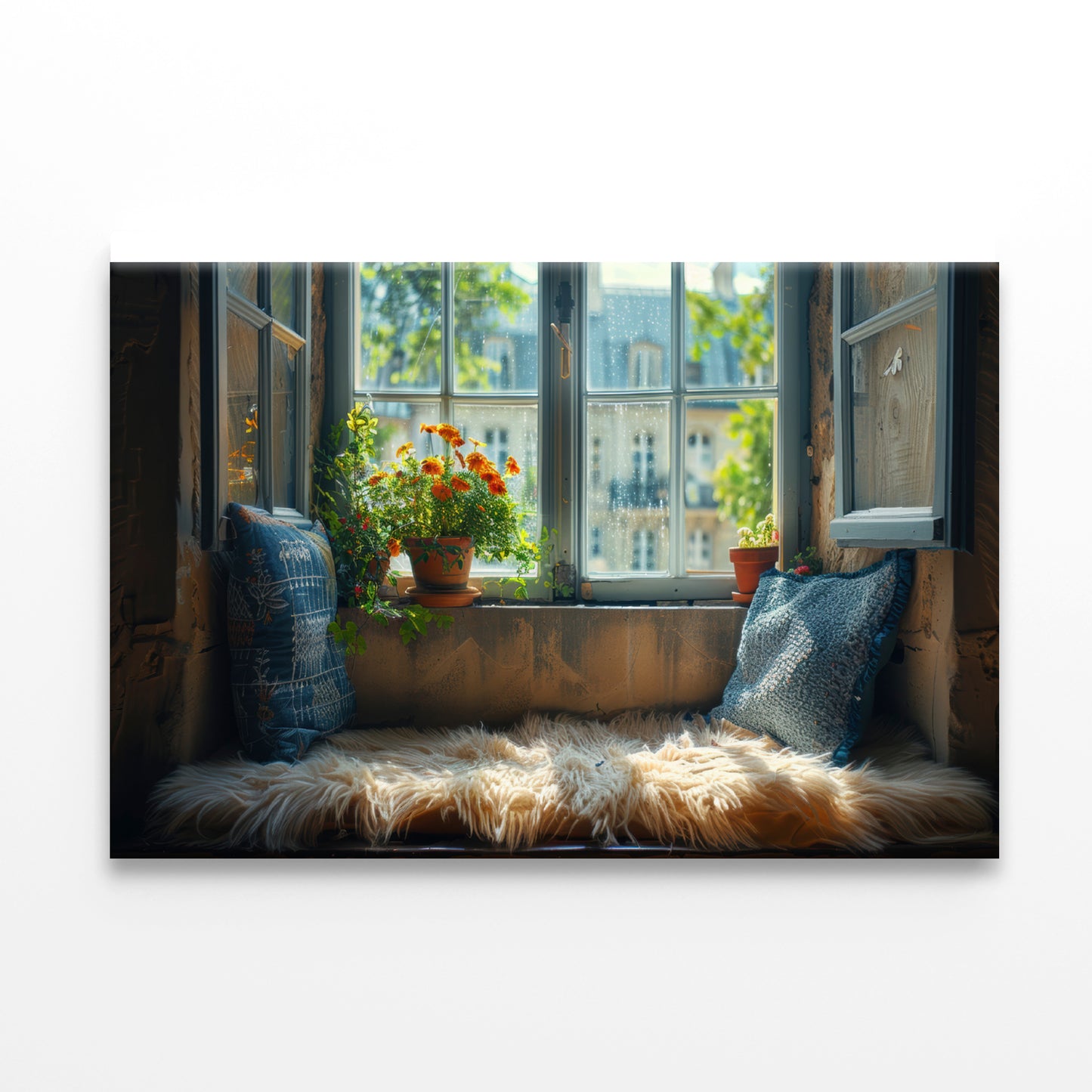 A Fluffy Pillow Resting On a Window Seat Print 100% Australian Made