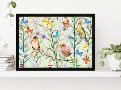 Birds & Butterflies Texture Glass Framed Wall Art, Ready to Hang Quality Print Without White Border Black