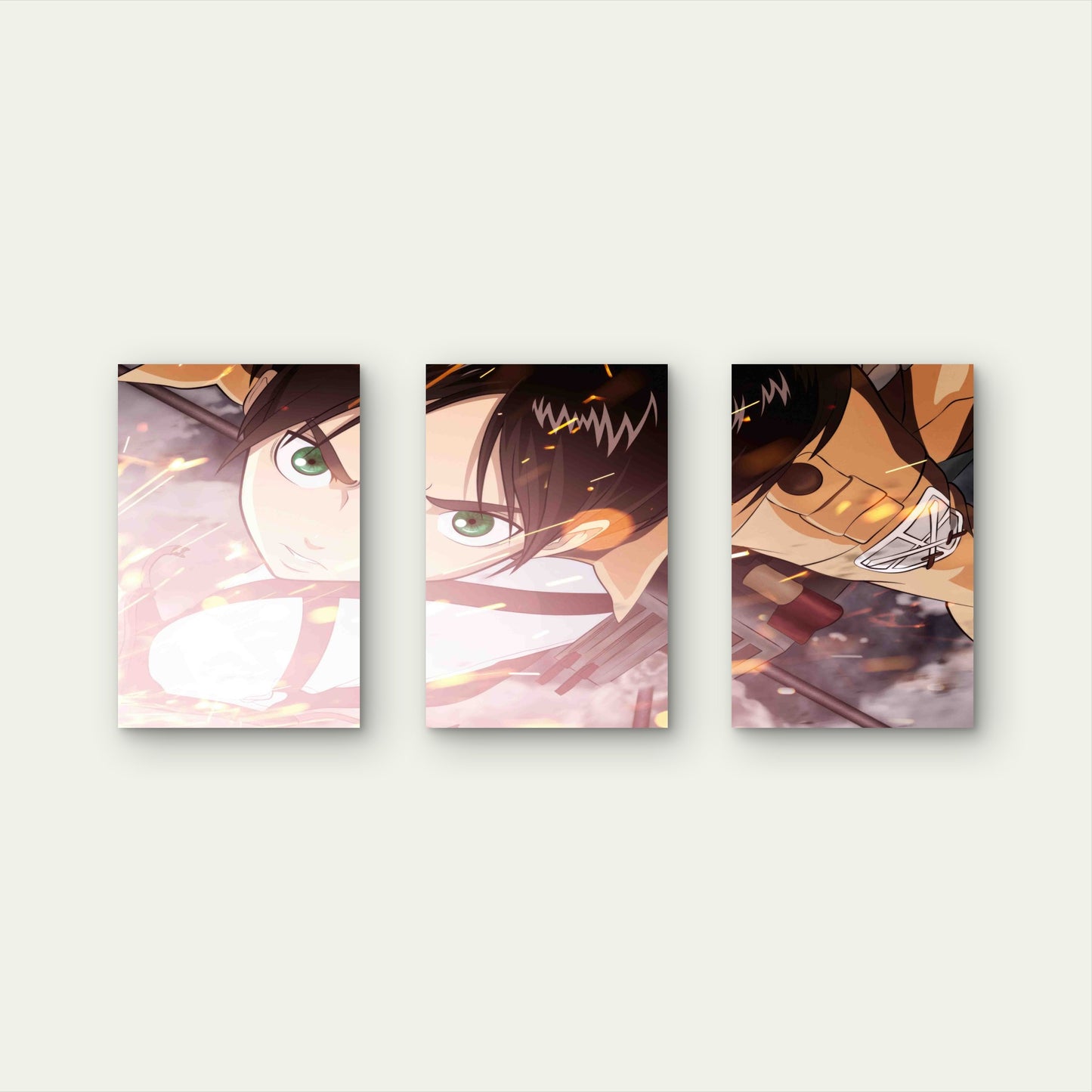 3pcs Anime Green Eyed Hero Mid Air Battle Scene Metal Print Ready to Hang Art