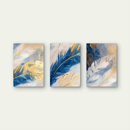 3pcs Royal Blue Gold Feather Abstract Painting    Wall Art Set Canvas Framed 40x60cm - High Quality Print 100% Australian Made Wall Canvas Ready to Hang