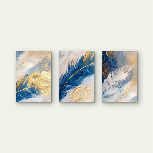 3pcs Royal Blue Gold Feather Abstract Painting     Wall Art Set Canvas Framed 60x90cm - High Quality Print 100% Australian Made Wall Canvas Ready to Hang