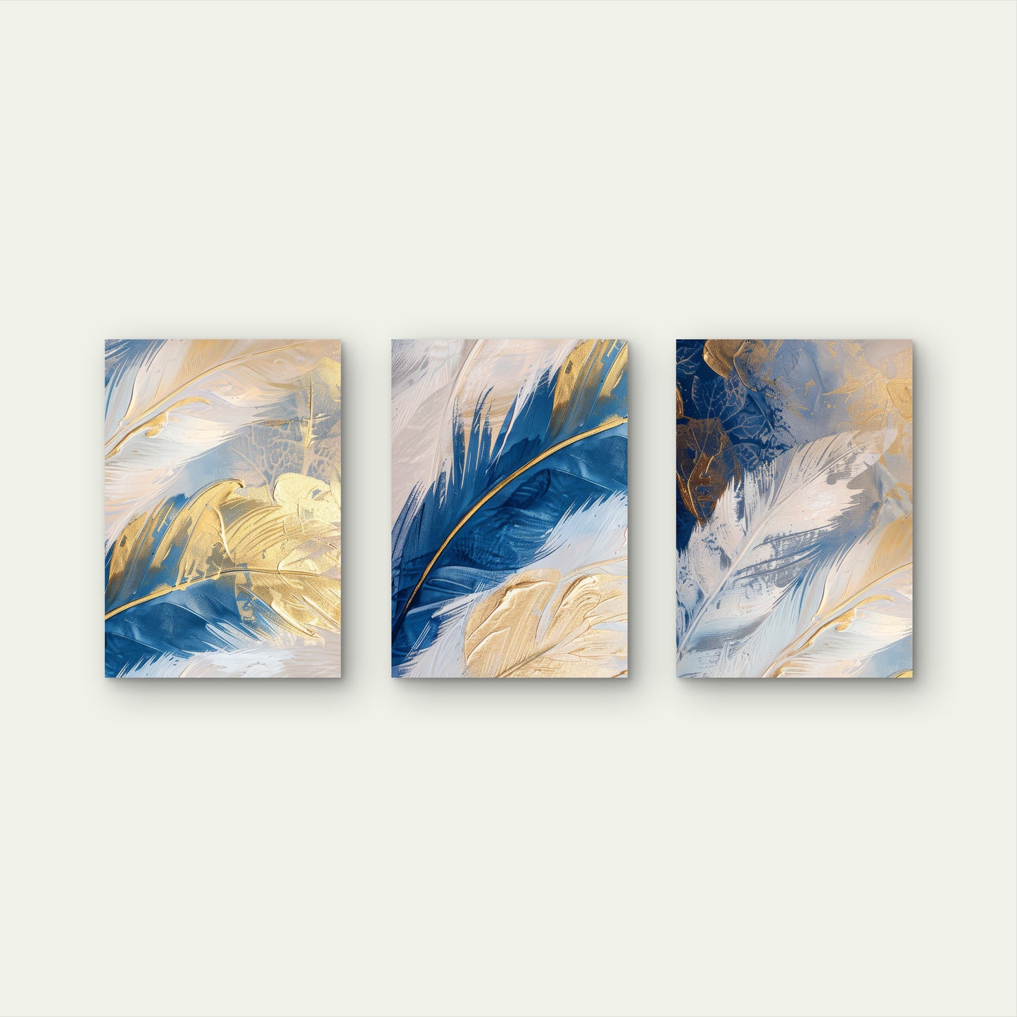 3pcs Royal Blue Gold Feather Abstract Painting     Wall Art Set Canvas Framed 50x70cm - High Quality Print 100% Australian Made Wall Canvas Ready to Hang