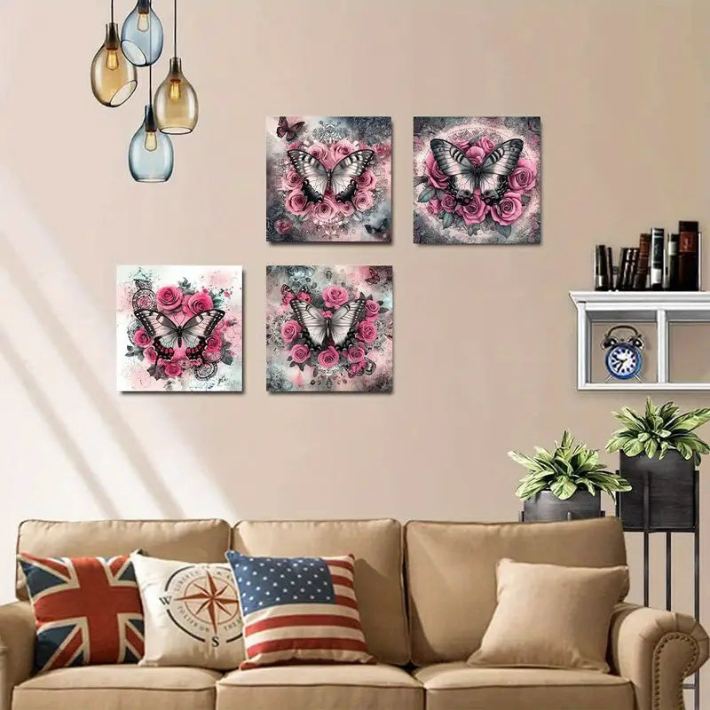 4pcs  Pink Roses & Butterflies PP  Wall Art Canvas Framed