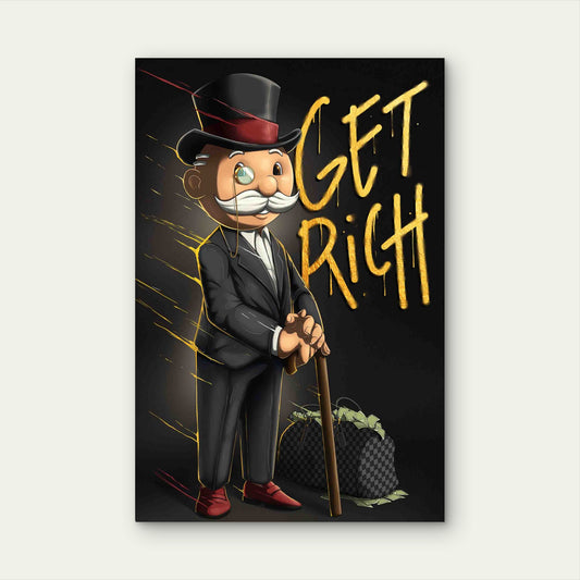 Tuxedo Mustache Man Gold Graffiti Money Bag 60x90cm Metal Print Ready to Hang