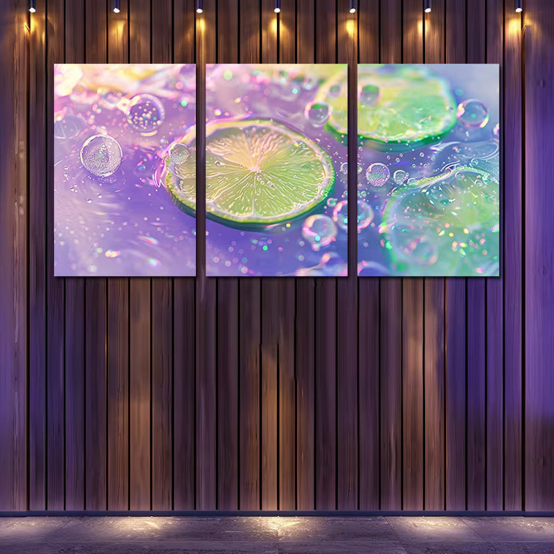 3pcs Sparkling Water and Lime Slices Close-Up Wall Art Set Canvas Framed 40x60cm - High Quality Print 100% Australian Made Wall Canvas Ready to Hang
