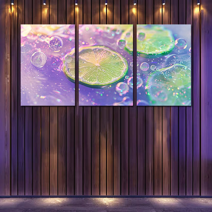 3pcs Sparkling Water and Lime Slices Close-Up Wall Art Set Canvas Framed 60x90cm - High Quality Print 100% Australian Made Wall Canvas Ready to Hang