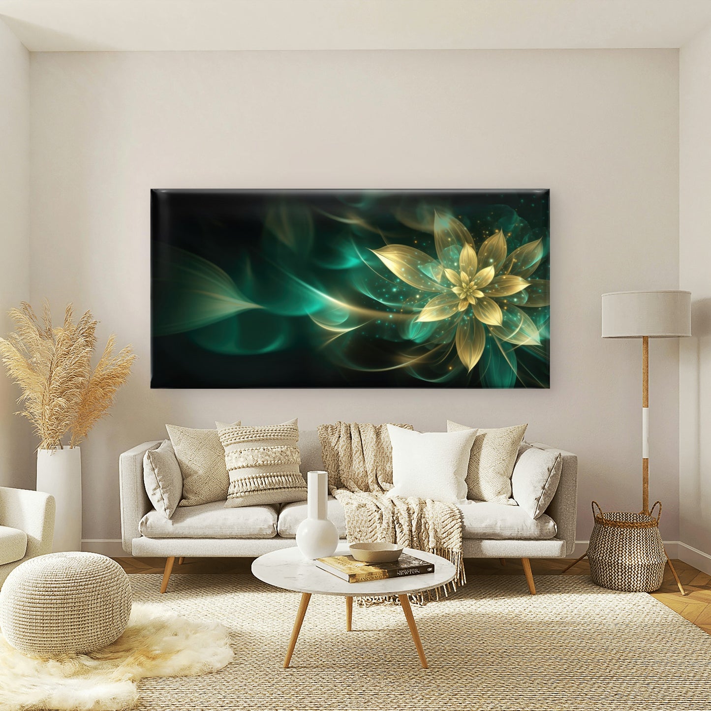 Elegant Golden Flower Dark Glow Wall Art Canvas Office Home Room Framed 120x60cm