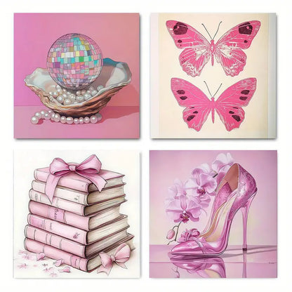 4pcs Disco Ball Pink Butterfly Wall Art Canvas Framed