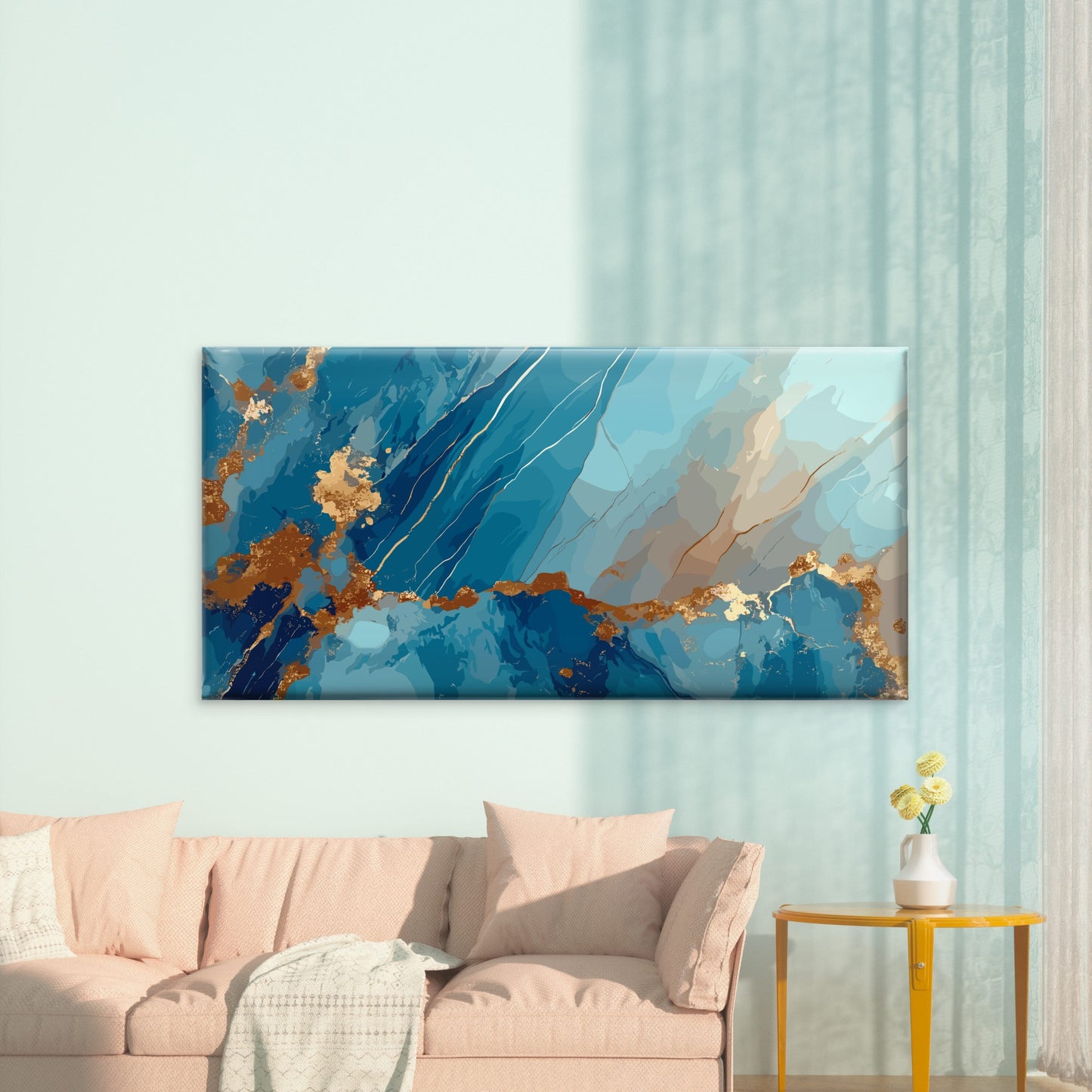 Azure Gilded Marble Fluid Wall Art Canvas Office Home Room Framed 120x60cm - Bella Home Decor