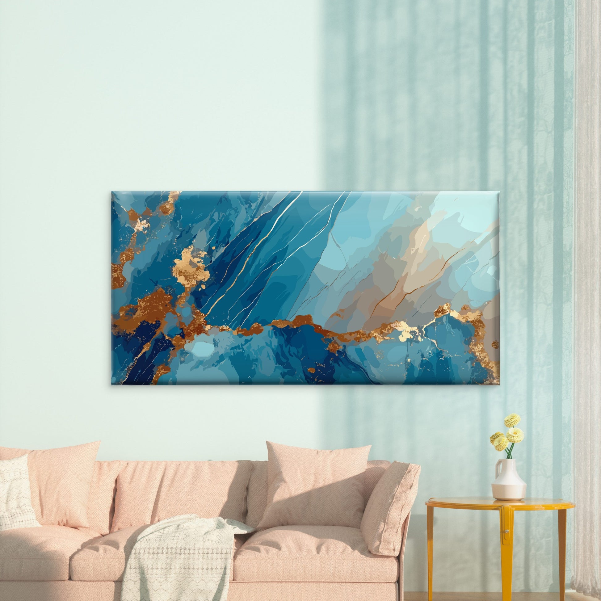Azure Gilded Marble Fluid Wall Art Canvas Office Home Room Framed 120x60cm - Bella Home Decor