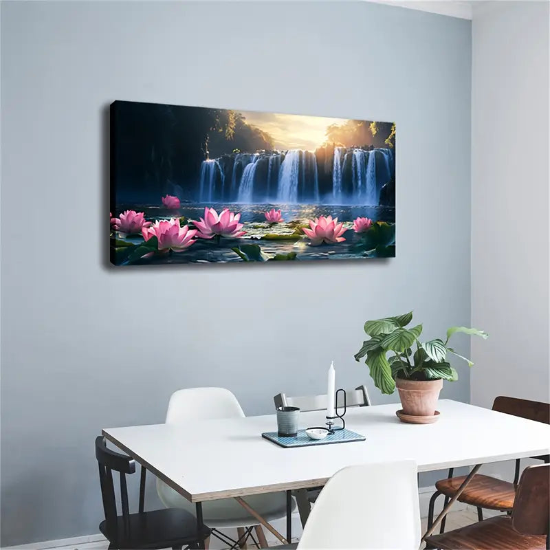 Serene Waterfall Blooming Flowers Wall Art Canvas Office Home Room Framed 120x60cm - Bella Home Decor